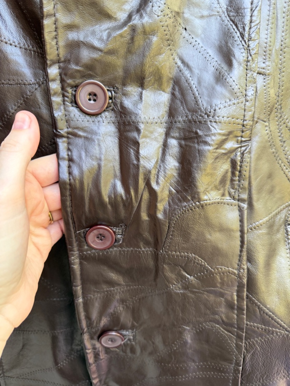 Vintage 90s Brown Real Leather Patchwork Jacket Coat Size Medium M Collection - Picture 4 of 7